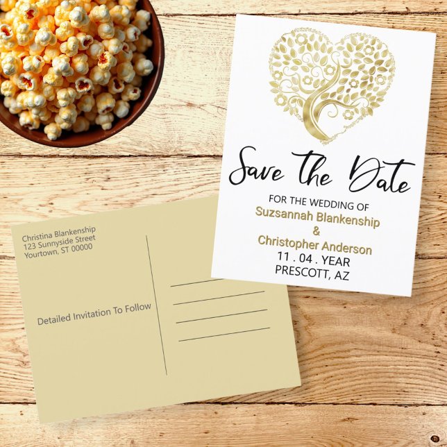 Postal De Anuncios Boda Guardar Fecha Árbol Corazón Dorado (front and back template save the date postcard)