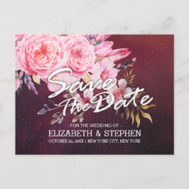 Postal De Anuncios Boda Guardar Fecha Flores Plumas Rojo Burdeos