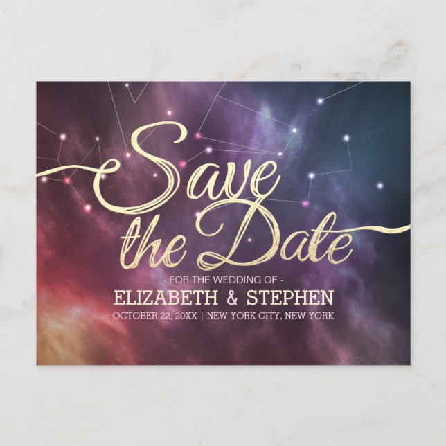 Postal De Anuncios Boda Guardar Fecha Galaxia Nebulosa Constelaciones (Anverso)