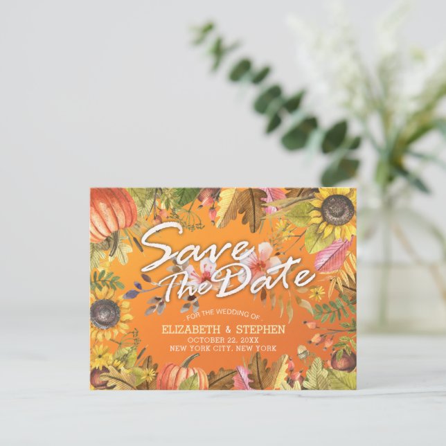 Postal De Anuncios Boda Guardar Fecha Hojas de Arce de Otoño Calabaza (Anverso de pie)