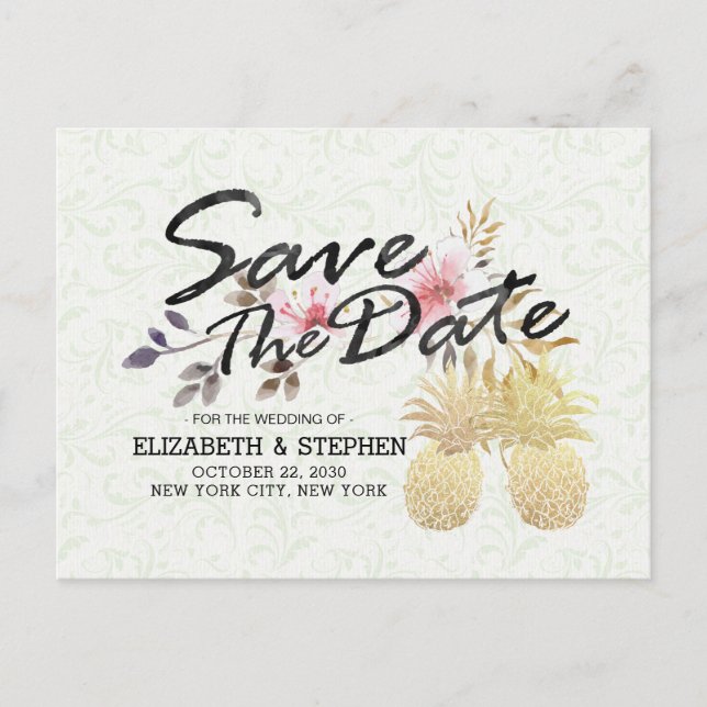 Postal De Anuncios Boda Guardar Fecha Moderna Piña Dorada Pareja (Anverso)