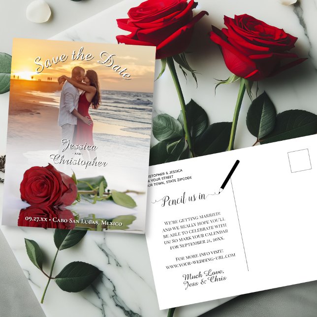 Postal De Anuncios Boda Guardar Fecha Superposición de Foto de Rosa R (Front/Back)