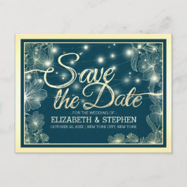 Postal De Anuncios Boda Guardar la Fecha Chic Flores Azules Doradas L