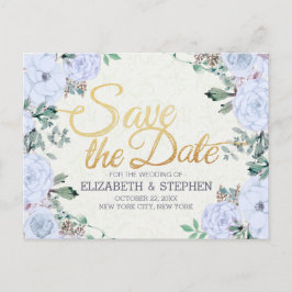 Postal De Anuncios Boda Guardar la Fecha Elegante Floral Guión Dorado