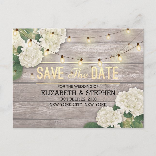 Postal De Anuncios Boda Guardar La Fecha Hidrangea String Luces Mader (Anverso)