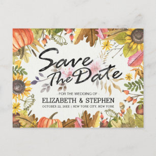 Postal De Anuncios Boda Guardar la Fecha Otoño Hojas Caídas Calabaza