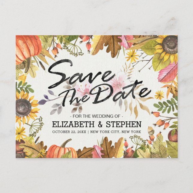 Postal De Anuncios Boda Guardar la Fecha Otoño Hojas Caídas Calabaza (Anverso)
