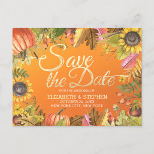 Postal De Anuncios Boda Guardar la Fecha Otoño Hojas de Arce Calabaza