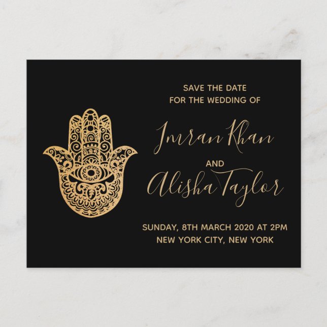 Postal De Anuncios Boda India Fecha de reserva Hamsa dorado Henna (Anverso)