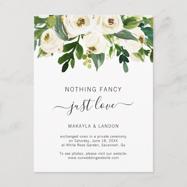 Postal De Anuncios Boda íntima floral blanca y elegantes verdes (Anverso)