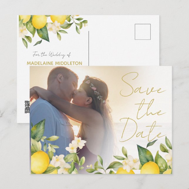 Postal De Anuncios Boda Lemons Citrus Photo Overlay Guardar La Fecha (Anverso / Reverso)