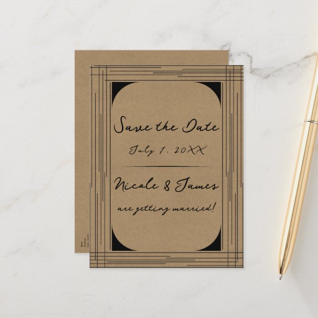 Postal De Anuncios Boda Líneas Modernas Mínimas Kraft Negro (Anverso/Reverso In Situ)
