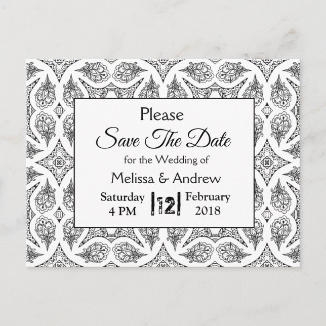 Postal De Anuncios Boda Mandala Negro y Blanco Save the Date (Anverso)