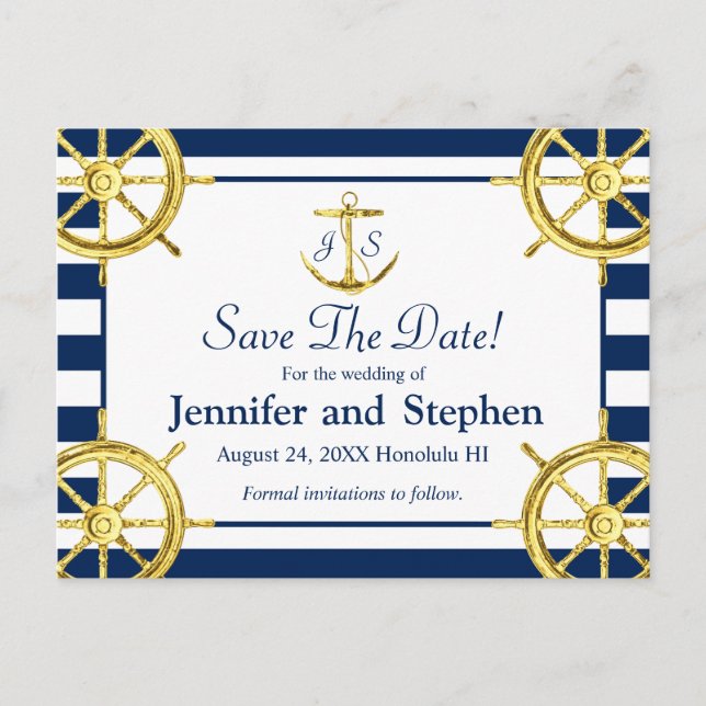 Postal De Anuncios Boda Marina de Azul Marino y Oro Save the Date (Anverso)