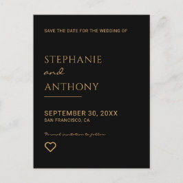 Postal De Anuncios Boda minimalista Del Corazón Negro Y Oro