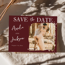 Postal De Anuncios Boda moderna Burgundy con una foto para guardar la