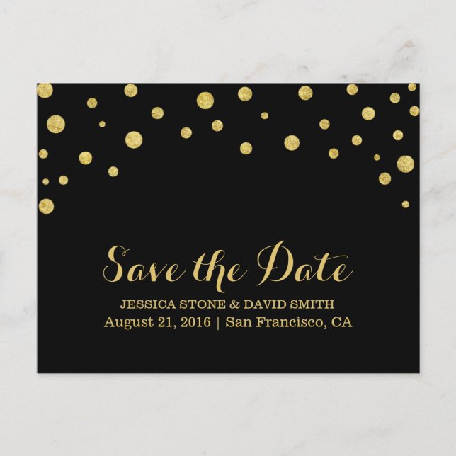 Postal De Anuncios Boda moderna con confeti dorado Save the Date (Anverso)