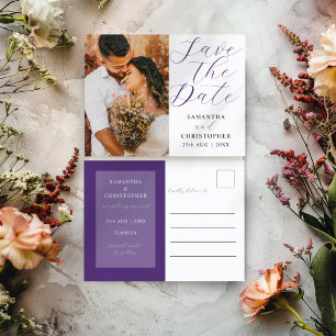 Postal De Anuncios Boda moderna con foto morada para guardar la fecha