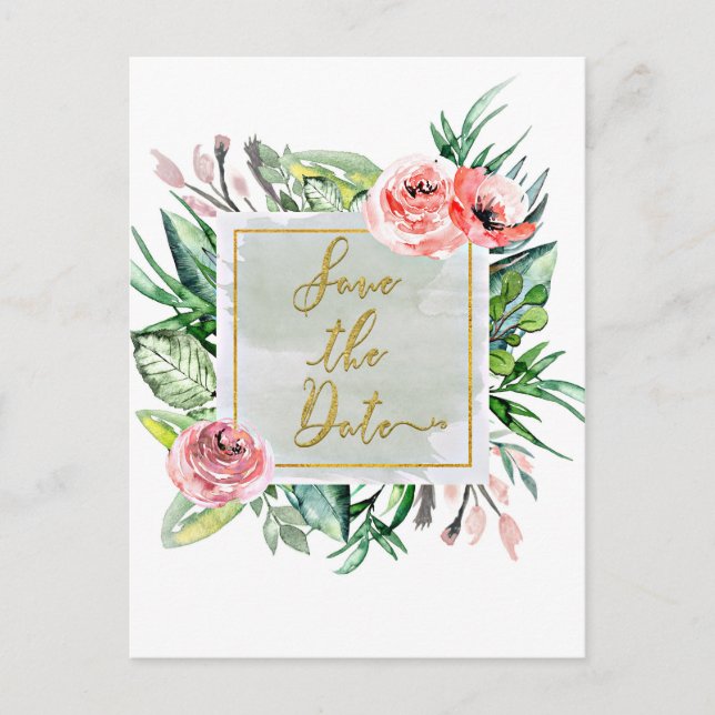 Postal De Anuncios Boda moderna de acuarela floral Save the Date (Anverso)