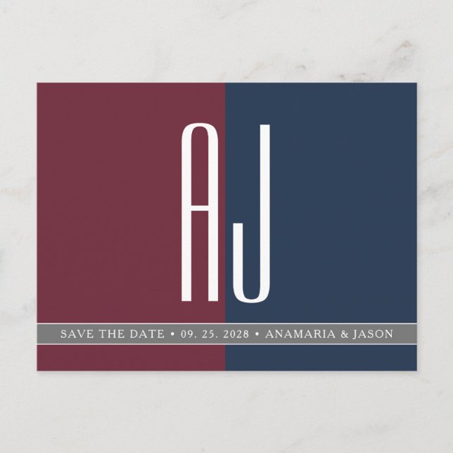 Postal De Anuncios Boda moderna de azul marino y borgoña Save The Dat (Anverso)