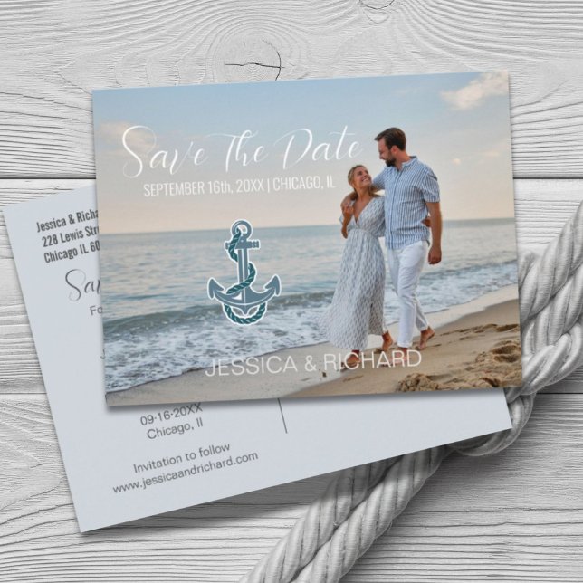 Postal De Anuncios Boda moderna de playa náutica, foto para guardar l (Modern Beach Nautical Wedding Photo Save The Date Announcement Postcard)