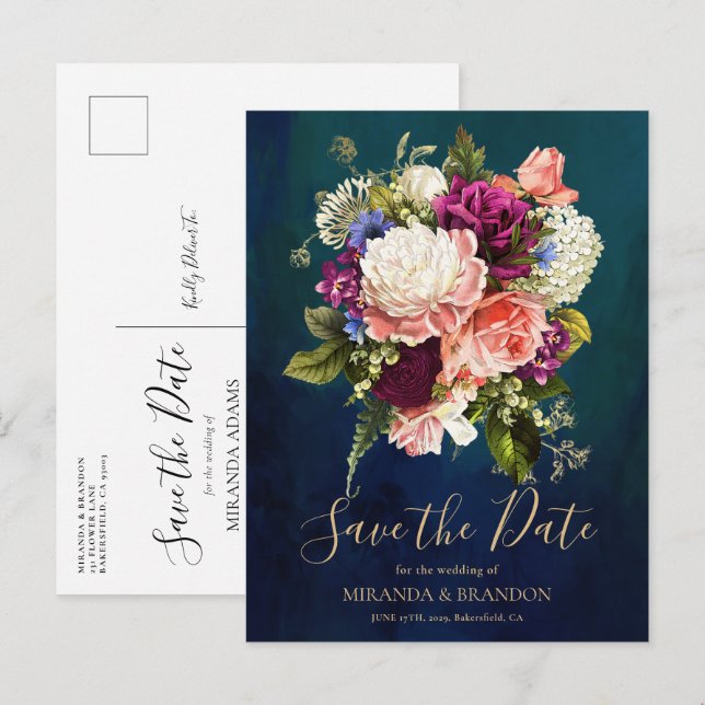 Postal De Anuncios Boda moderna elegante floral esmeralda verde dorad (Anverso / Reverso)