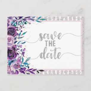Postal De Anuncios Boda morada de flores y plata salva la fecha