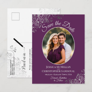 Postal De Anuncios Boda Morado Ciruela Plata Guardar Fecha Foto