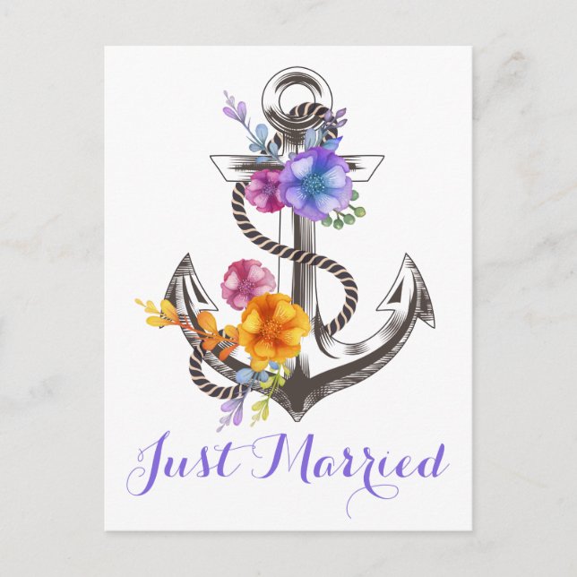 Postal De Anuncios Boda Náutica Ancla Morada Casados Playa (Anverso)