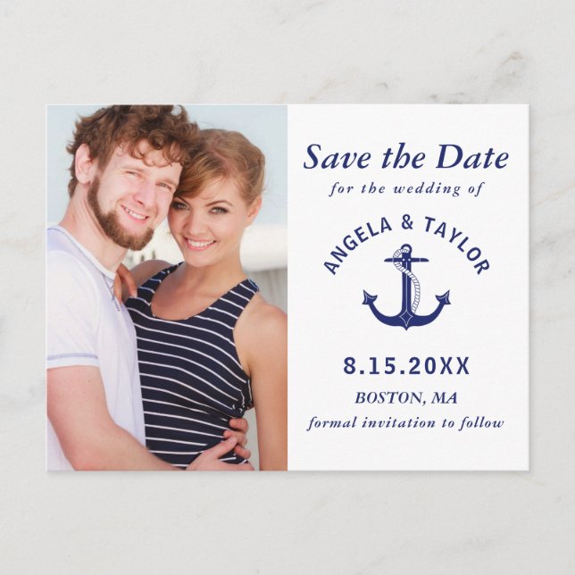 Postal De Anuncios Boda Nautical Anchor Photo Navy Blue (Anverso)