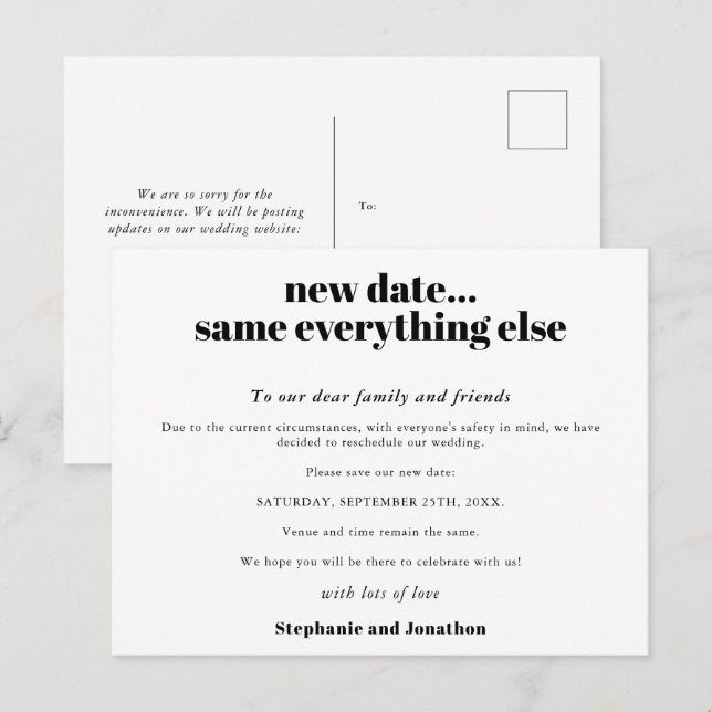 Postal De Anuncios Boda Nueva Fecha Lo Demás Igual Texto Sencillo (Anverso / Reverso)