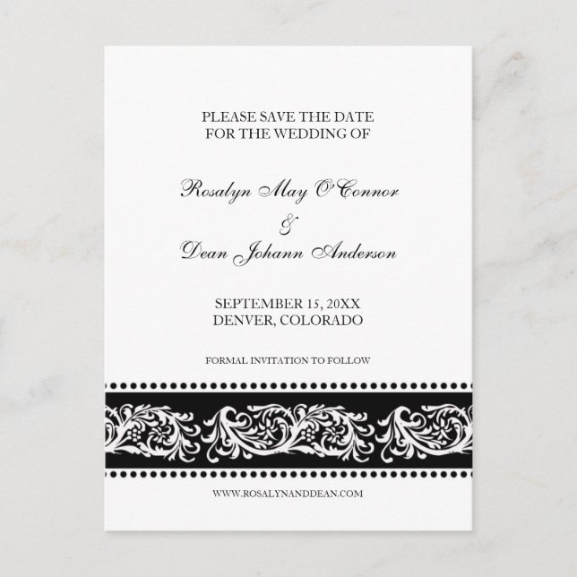 Postal De Anuncios Boda personalizada de desplazamiento de B&W guarda (Anverso)