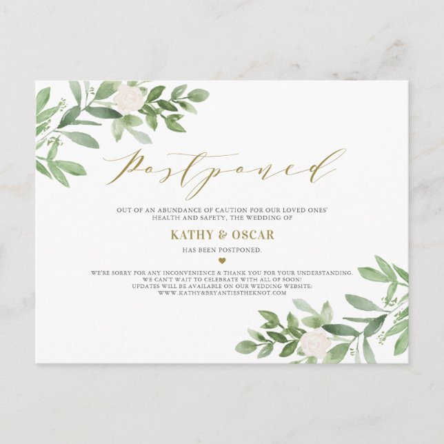 Postal De Anuncios Boda pospuesta con foto de vegetación y flores bla (Anverso)