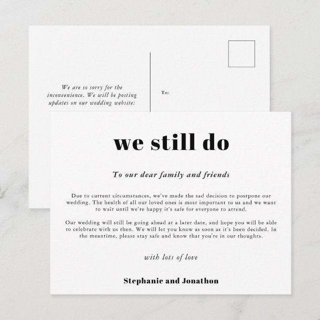 Postal De Anuncios Boda pospuesta Seguimos siendo COVID Script Blanco (Anverso / Reverso)