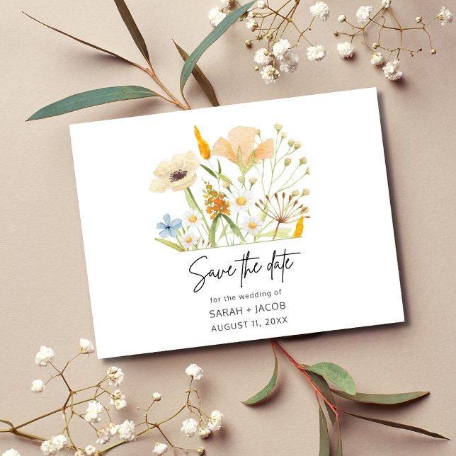 Postal De Anuncios Boda Presupuesto Flores Silvestres Boho Guardar la (Boho Wildflowers Budget Wedding Save the Date)