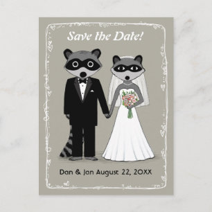 Postal De Anuncios Boda Raccoons Guardar la fecha (gris cálido)