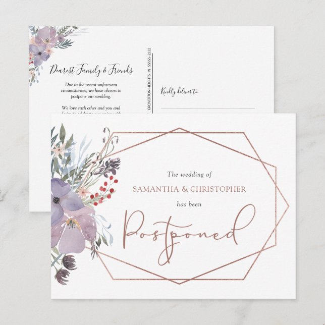 Postal De Anuncios Boda Reprogramada Floral Geométrico Fecha Cambiada (Anverso / Reverso)