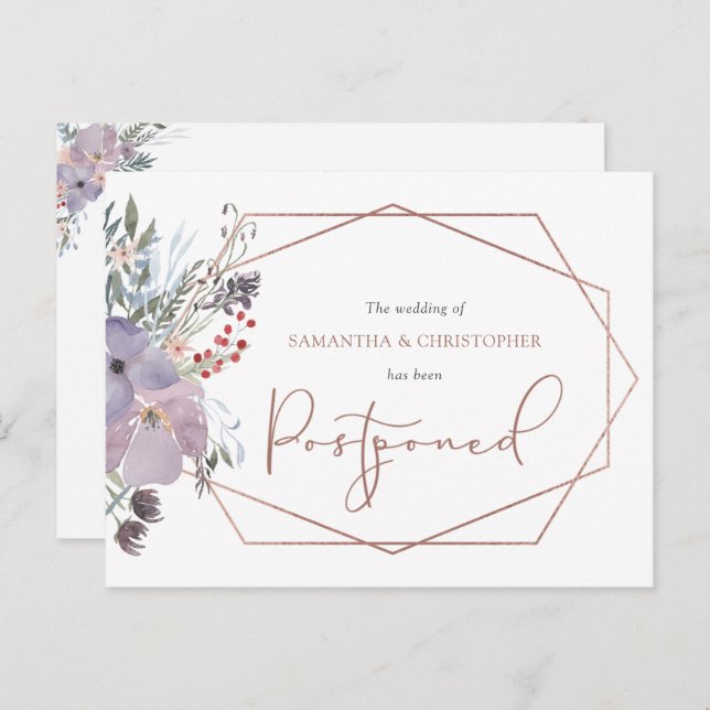 Postal De Anuncios Boda Reprogramada Floral Geométrico Fecha Modifica (Anverso / Reverso)
