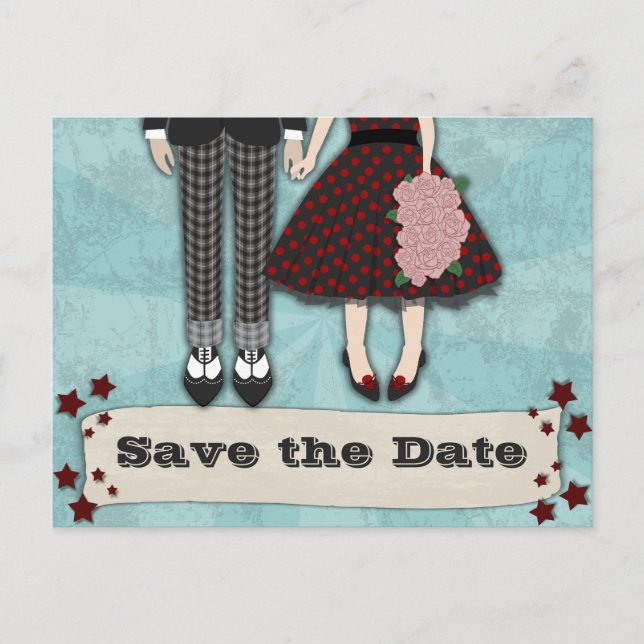 Postal De Anuncios Boda Rockabilly, aparta la fecha (Anverso)
