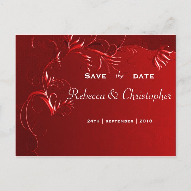 Postal De Anuncios Boda Roja Elegante Guardar la Fecha (Anverso)