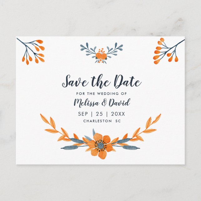 Postal De Anuncios Boda Romántica Floral Acuarela Naranja Azul (Anverso)