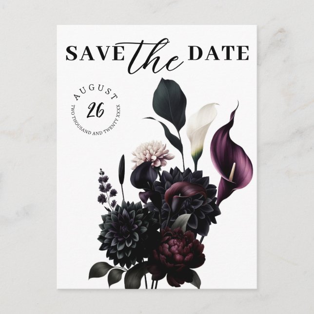 Postal De Anuncios Boda Romántica Floral Oscura y Melancólica Guardar (Anverso)