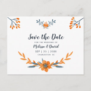 Postal De Anuncios Boda romántico floral de color azul naranja