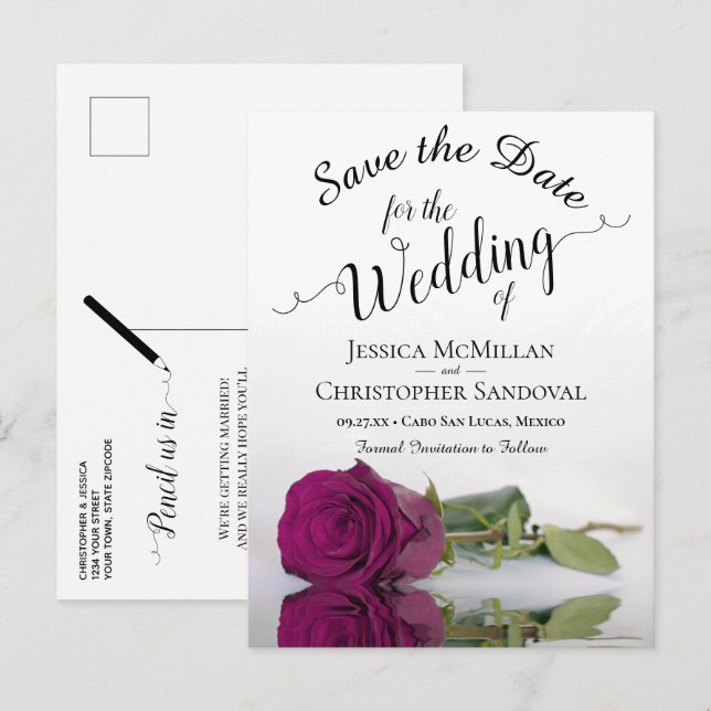 Postal De Anuncios Boda Rosa de Frambuesa Magenta Romántica Guardar l (Anverso / Reverso)