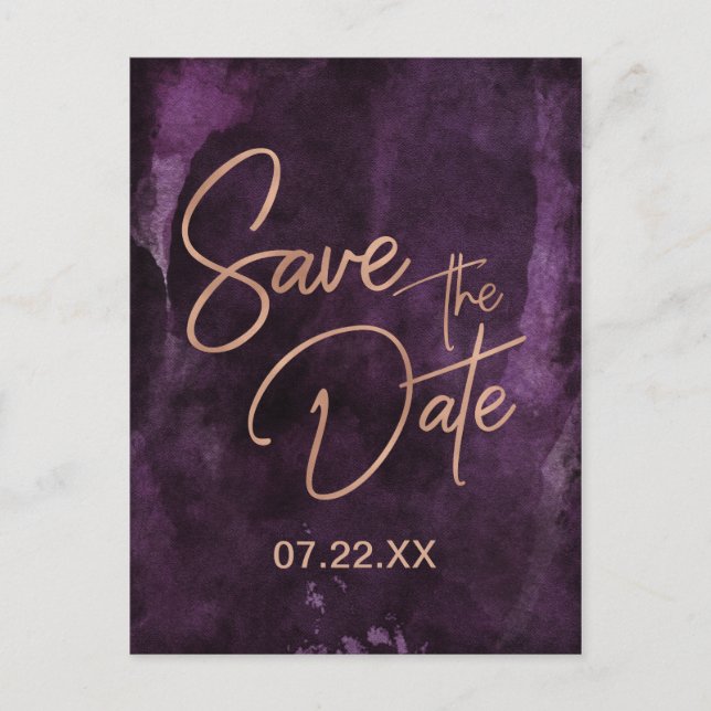 Postal De Anuncios Boda Rosa Dorado y Morado Oscuro Save the Date (Anverso)