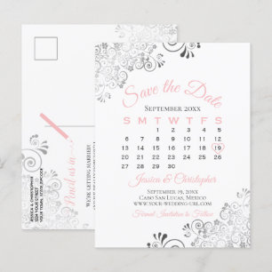 Postal De Anuncios Boda rosa, gris y blanca Guardar el calendario de