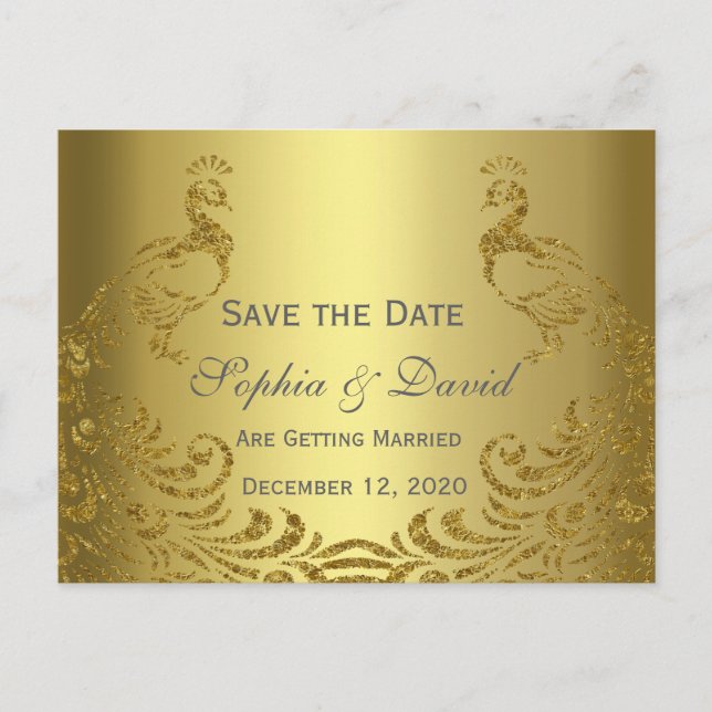 Postal De Anuncios Boda Royal Gold Abstract Peacock GUARDAR LA FECHA (Anverso)