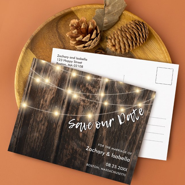 Postal De Anuncios Boda Rustic Wood Lights Save the Date (Rustic Wood Lights Wedding Save the Date Announcement Postcard)