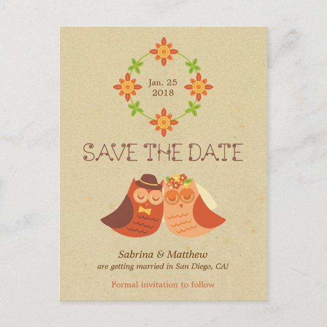 Postal De Anuncios Boda Rústica Boho de Tortolitas Búhos (Anverso)