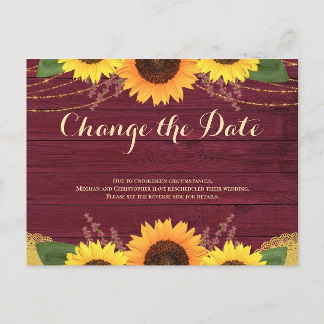Postal De Anuncios Boda Rústica de Girasoles de Borgoña Fecha de Camb (Anverso)